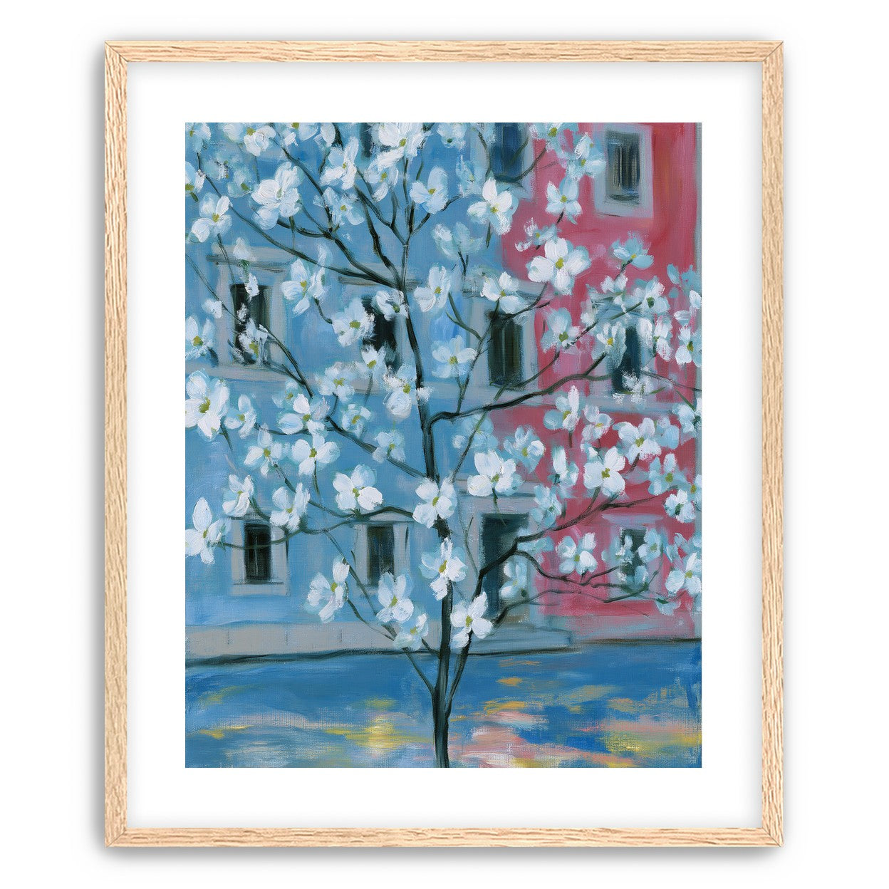 White blossoms across blue and pink