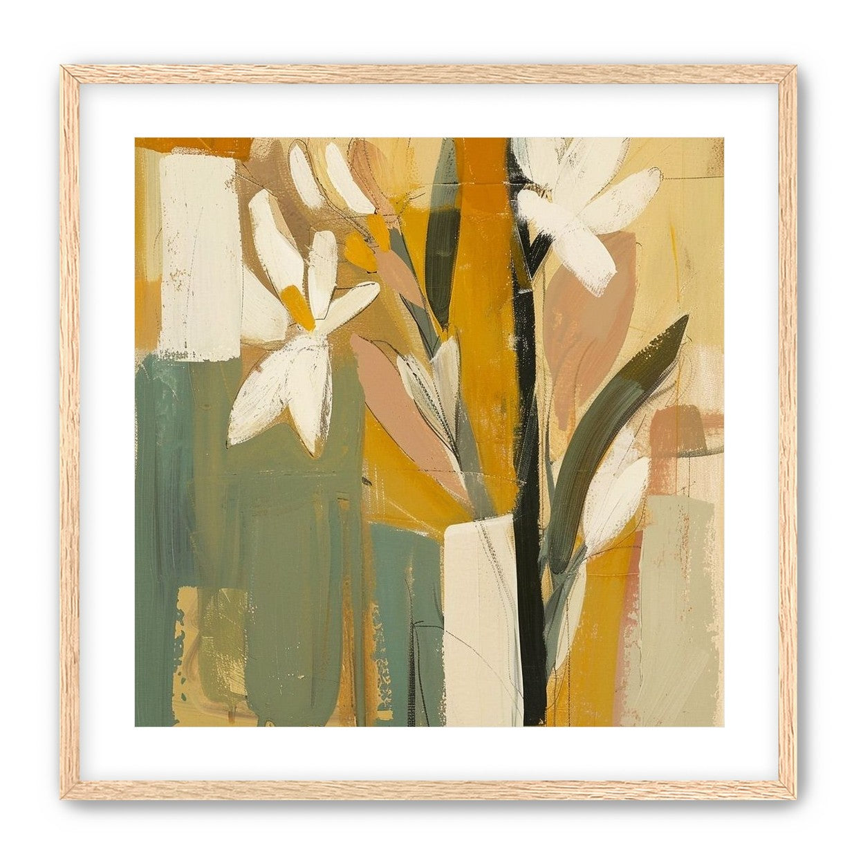 White flowers in ochre blocks