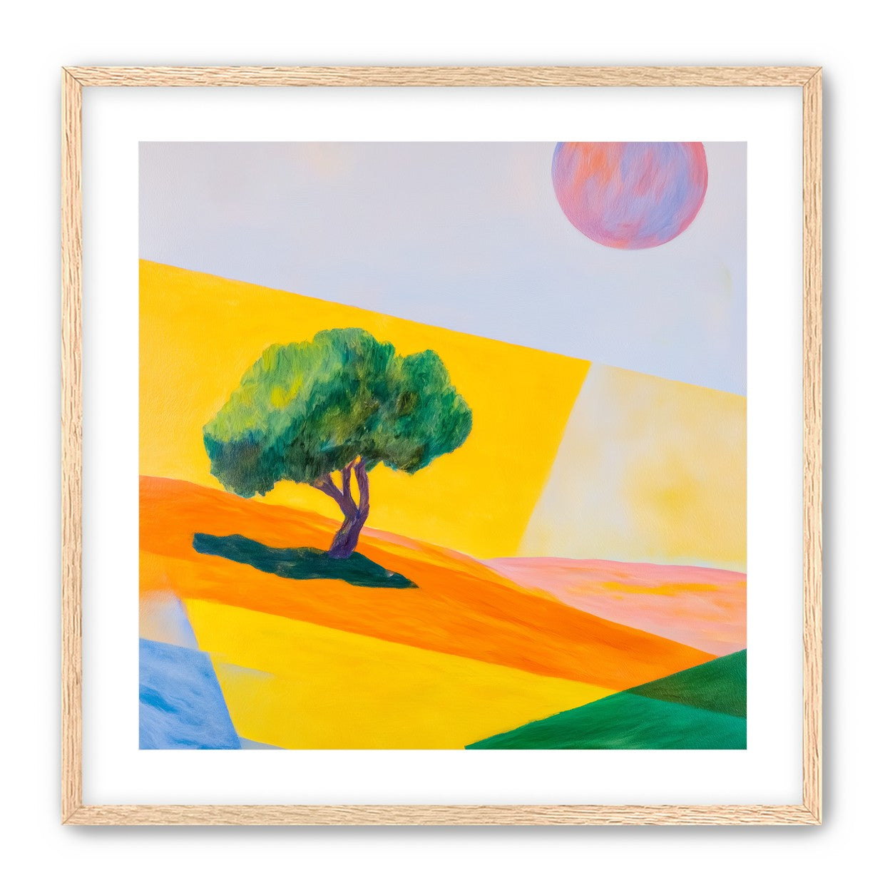 Pink sun over yellow hills
