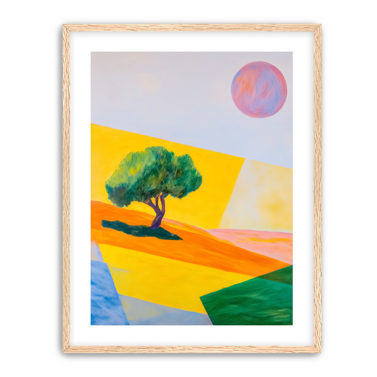 Pink sun over yellow hills