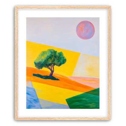 Pink sun over yellow hills