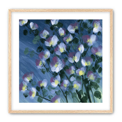 White blossoms on blue field