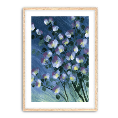 White blossoms on blue field