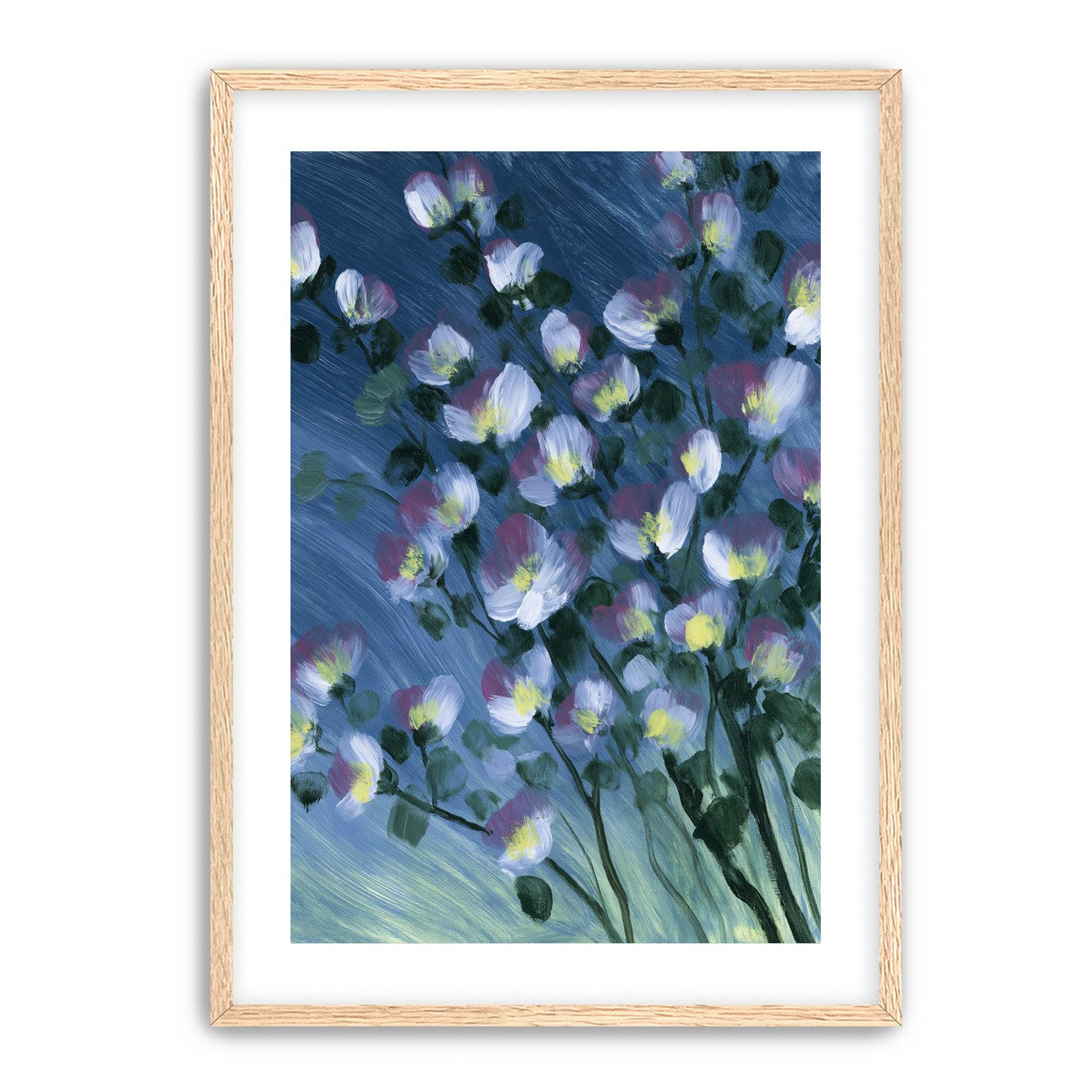 White blossoms on blue field