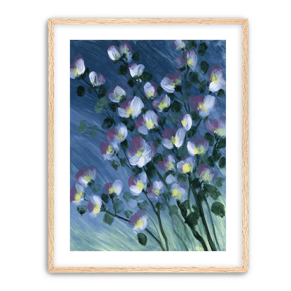 White blossoms on blue field