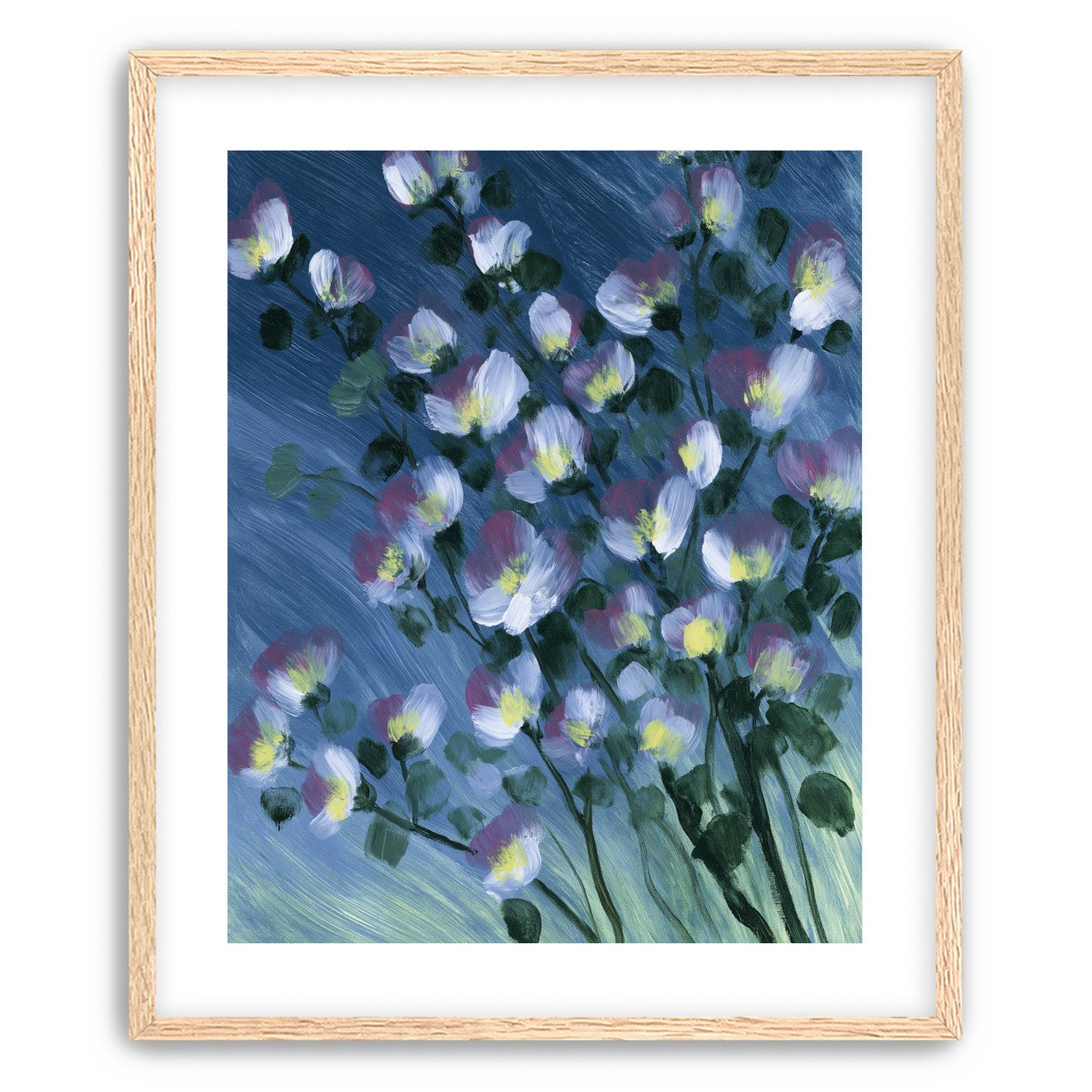 White blossoms on blue field