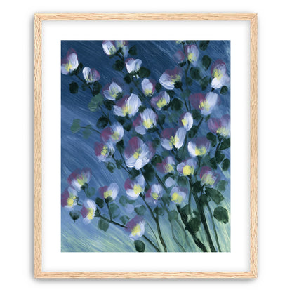 White blossoms on blue field