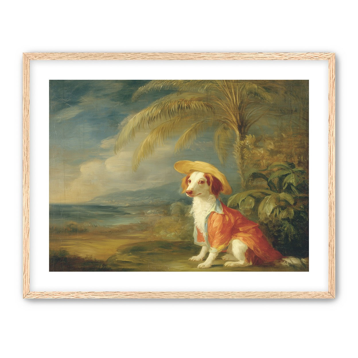 A hatted dog by the sea