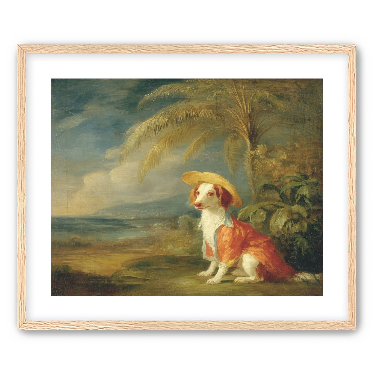 A hatted dog by the sea