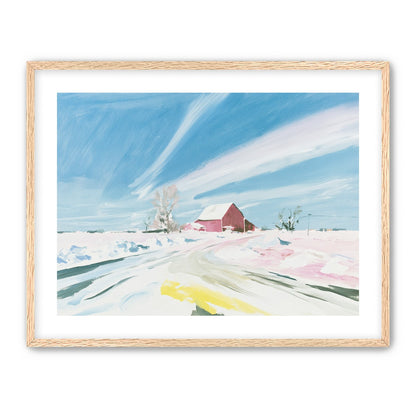 White sky over red barn