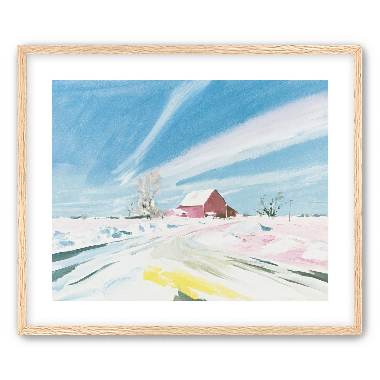 White sky over red barn