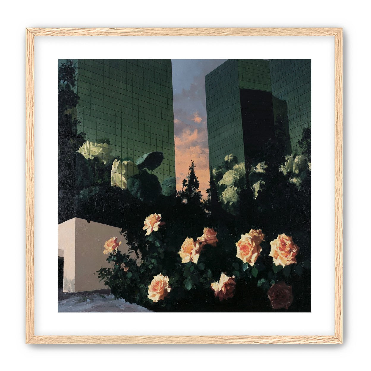 Roses under green towers