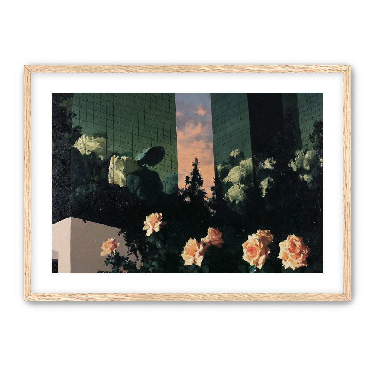 Roses under green towers