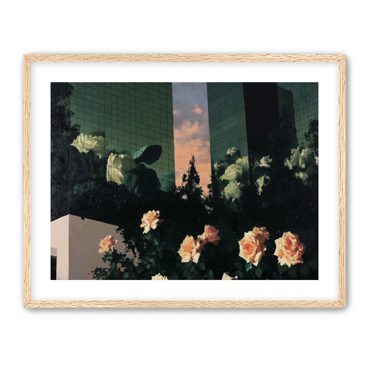 Roses under green towers