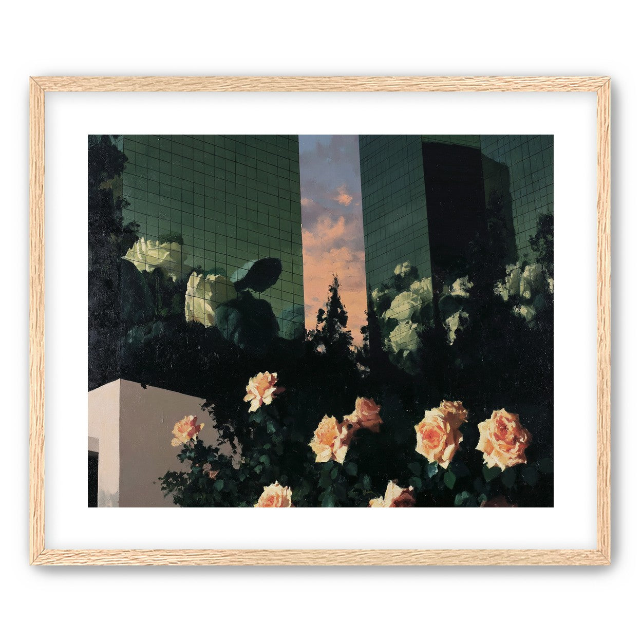 Roses under green towers