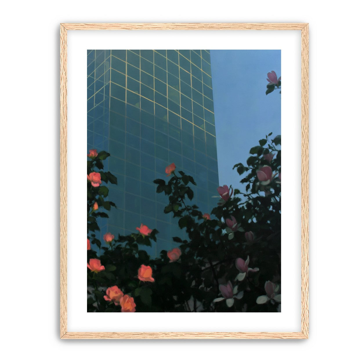 Roses beneath blue towers