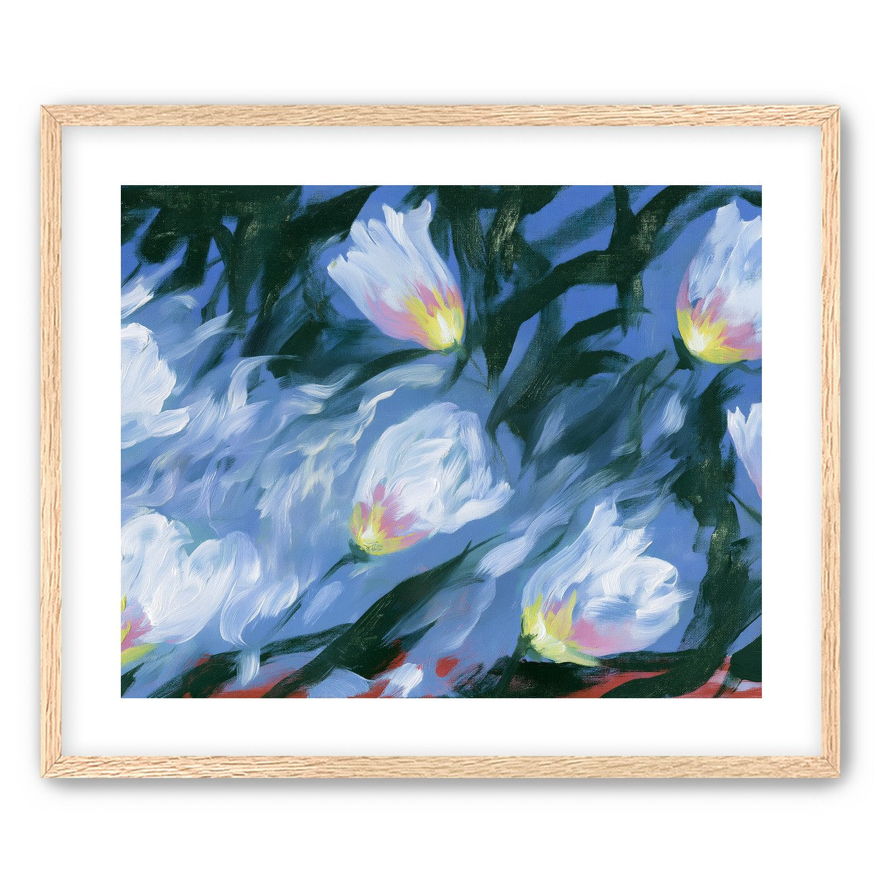White tulips on blue ground