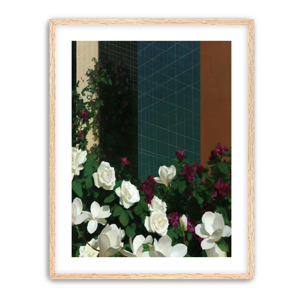 Roses against the blue grid