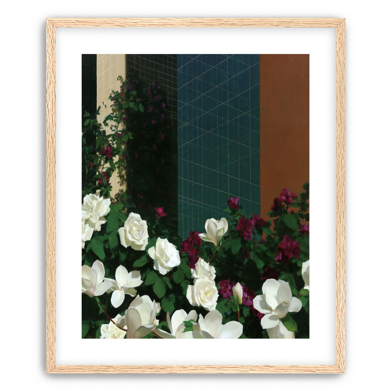 Roses against the blue grid