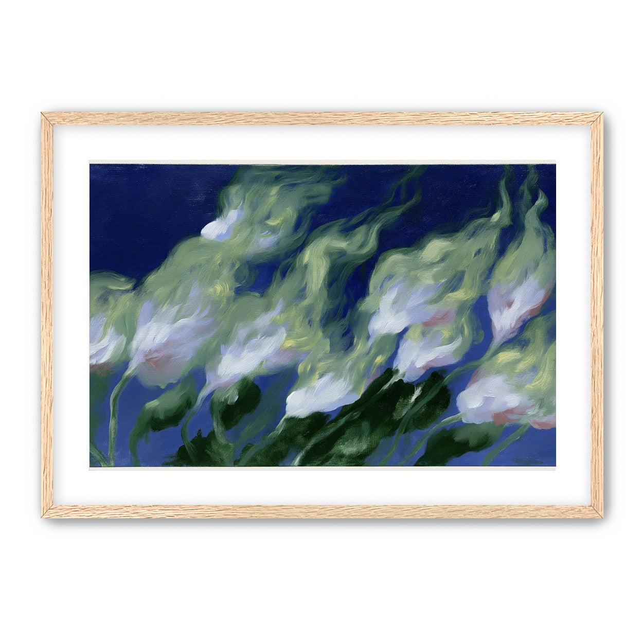 Pale flowers across blue field