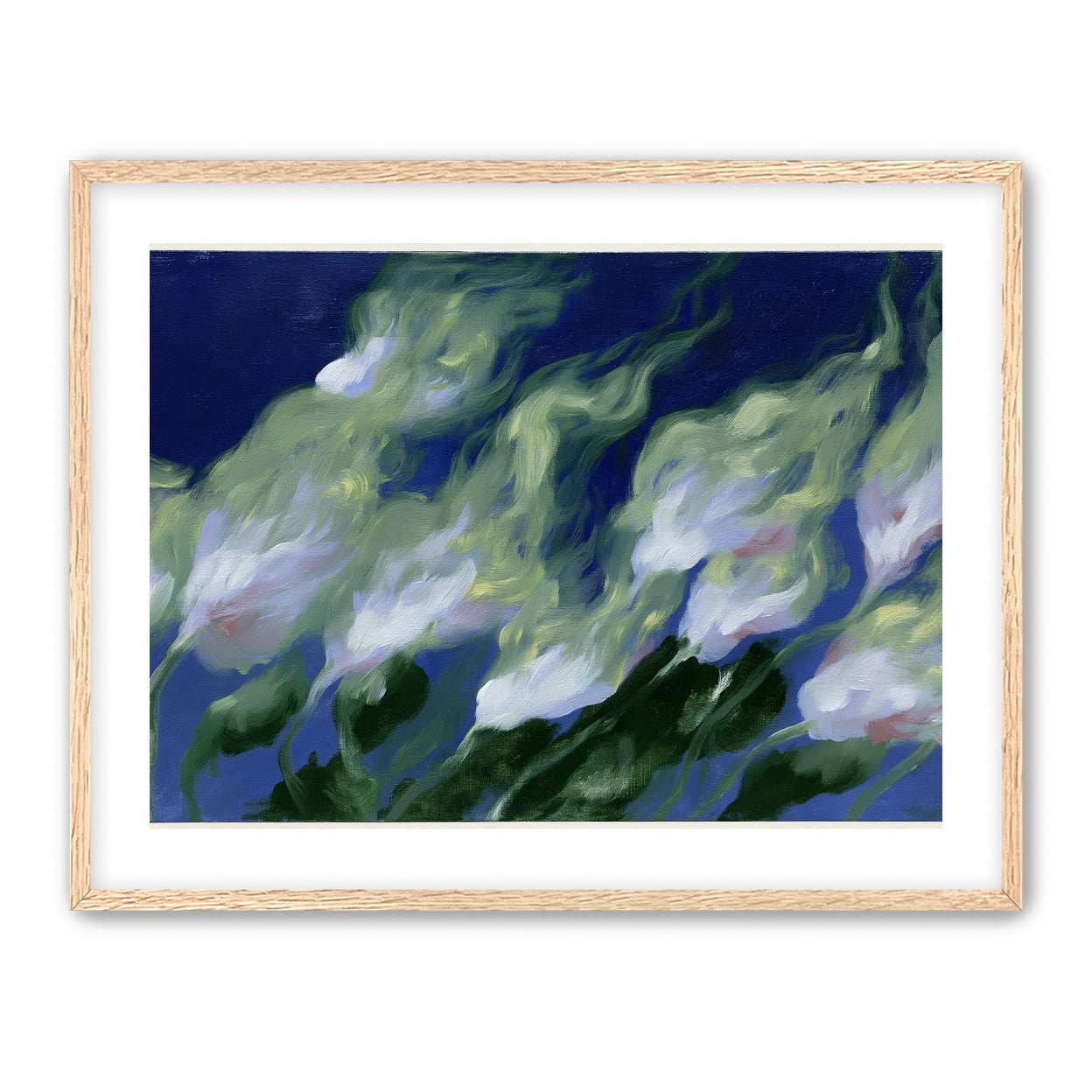 Pale flowers across blue field