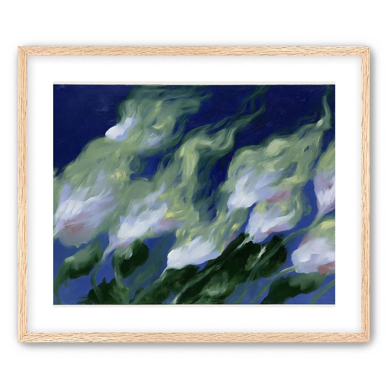 Pale flowers across blue field