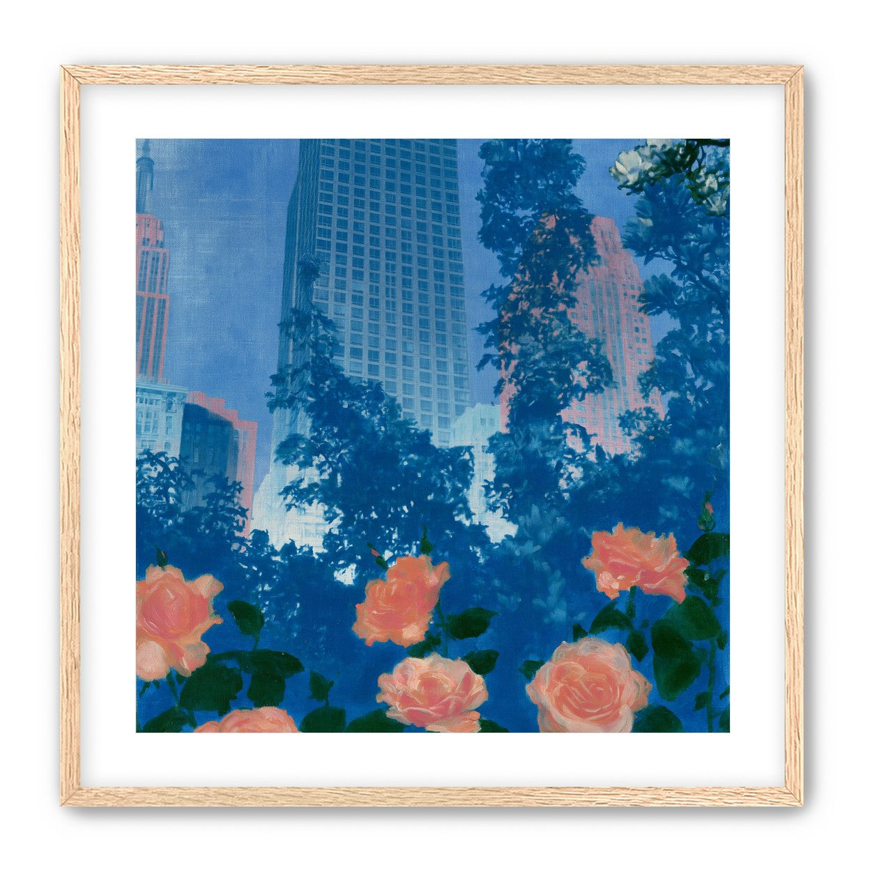 Pink roses below skyscrapers
