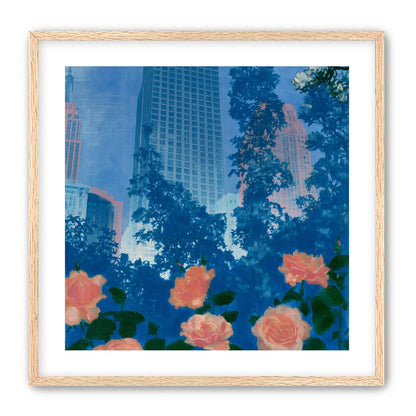 Pink roses below skyscrapers