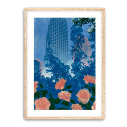 Pink roses below skyscrapers