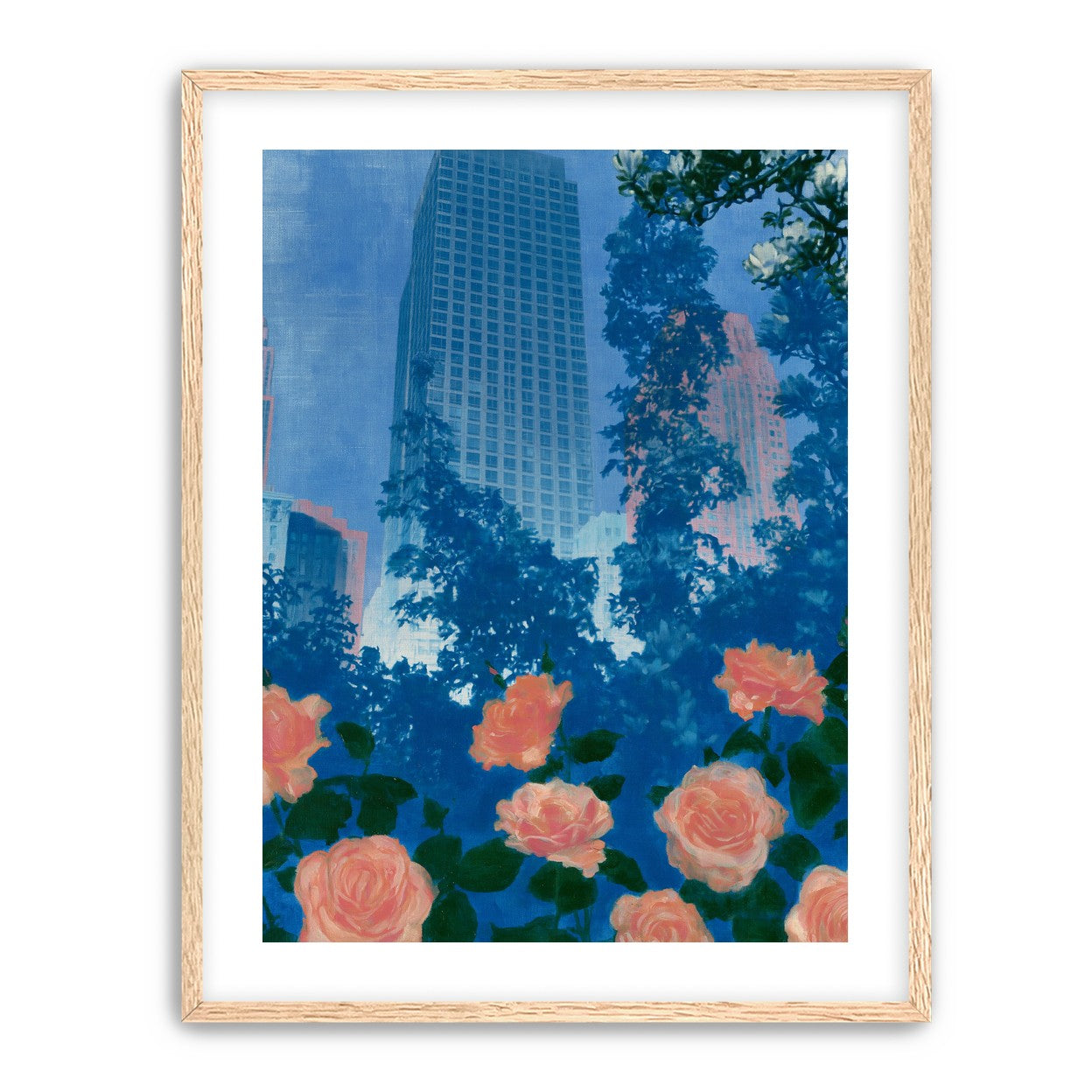 Pink roses below skyscrapers