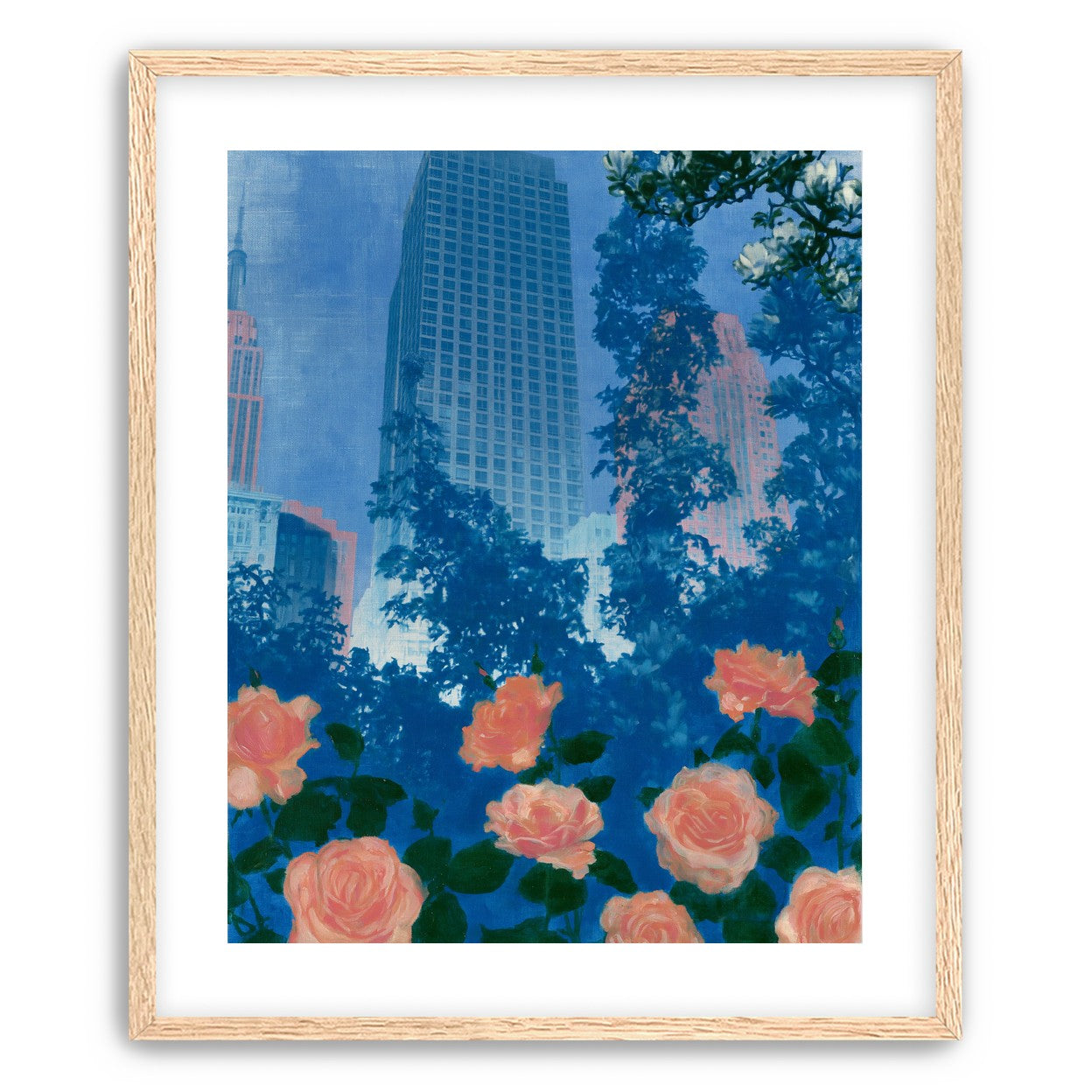 Pink roses below skyscrapers