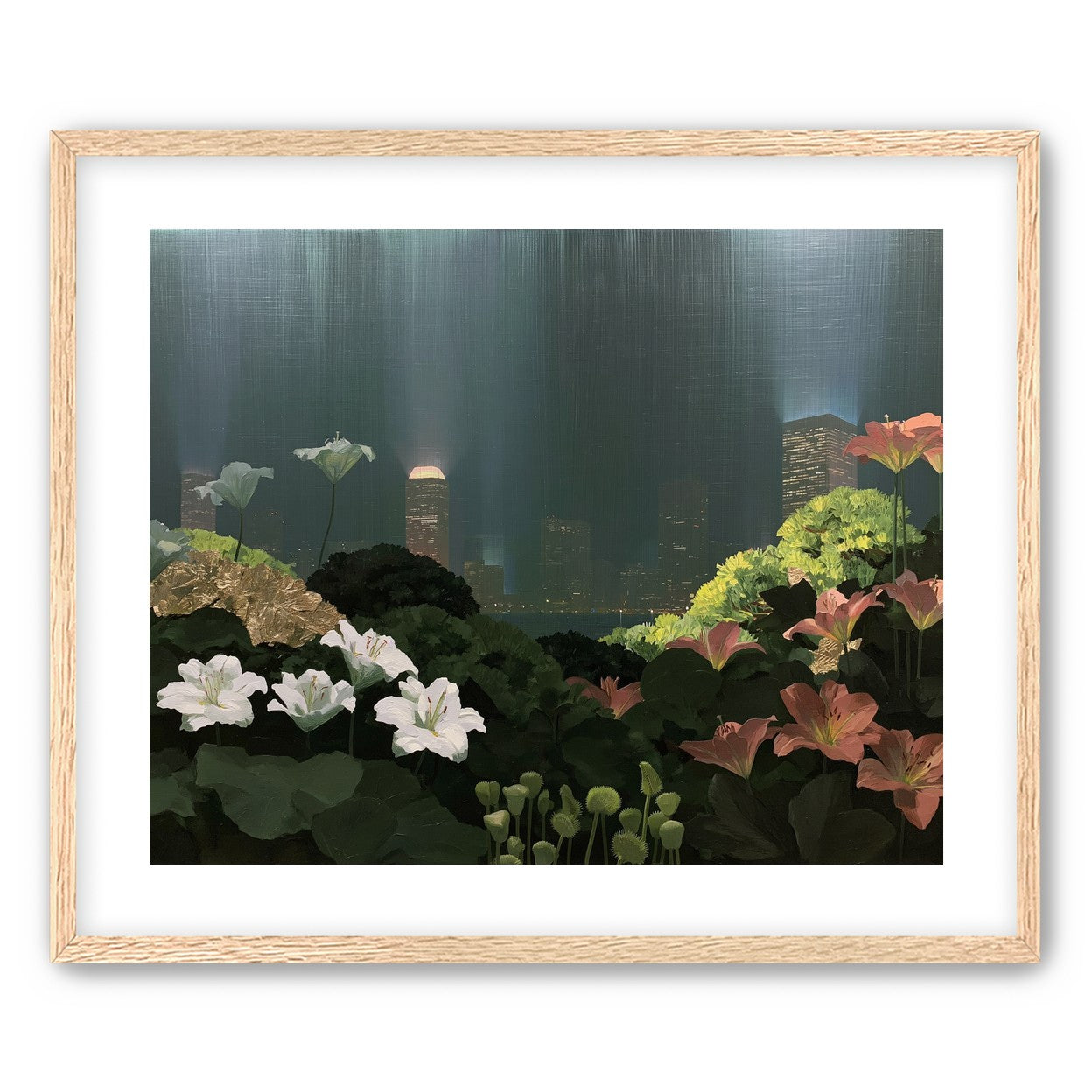 Lilies against the lit skyline