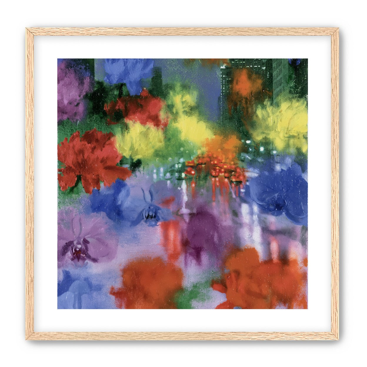 Neon traffic under painted blooms