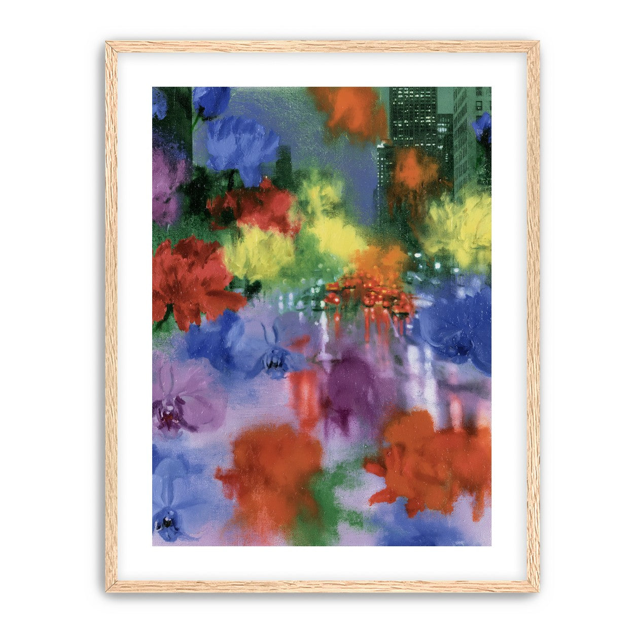 Neon traffic under painted blooms