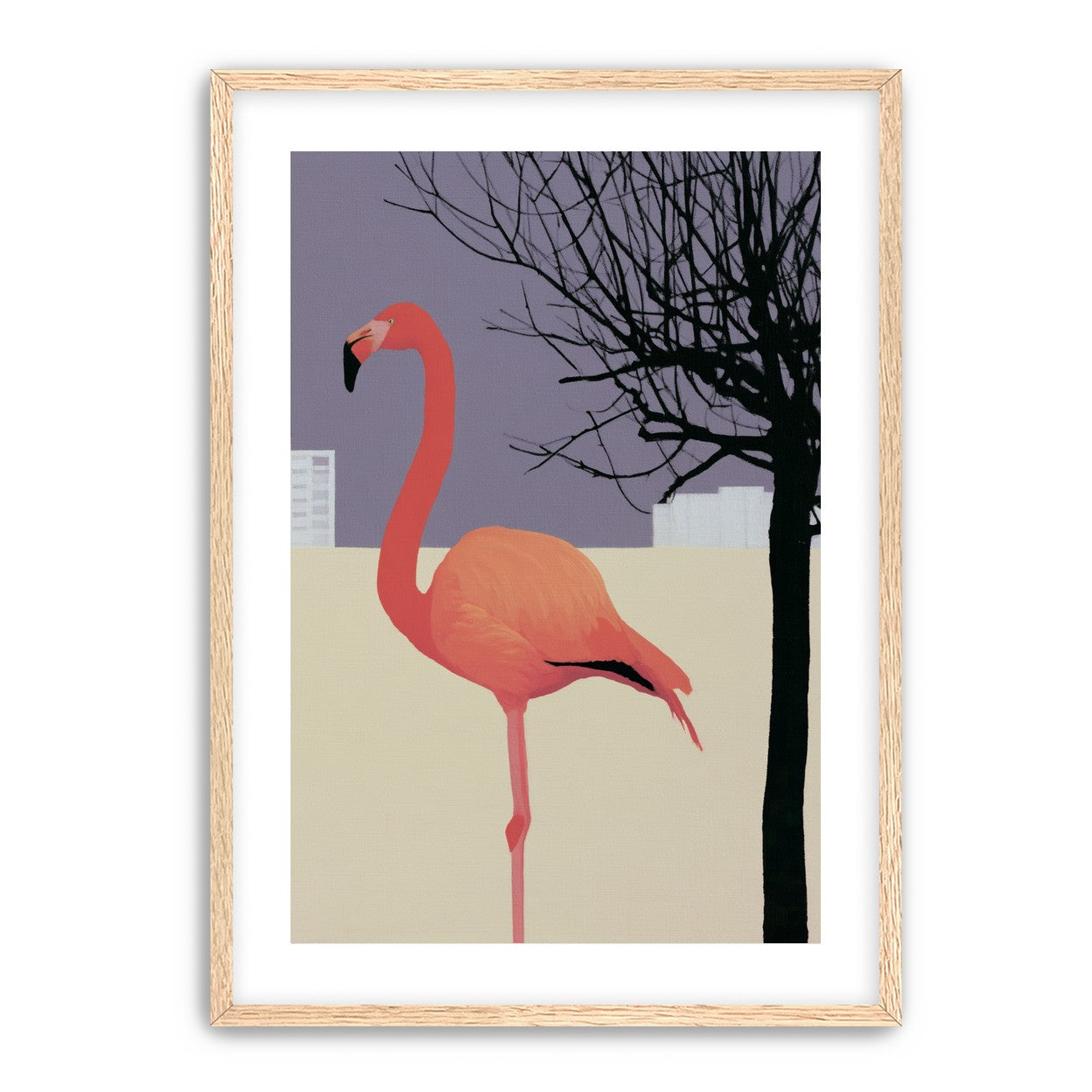 A flamingo beside the bare tree