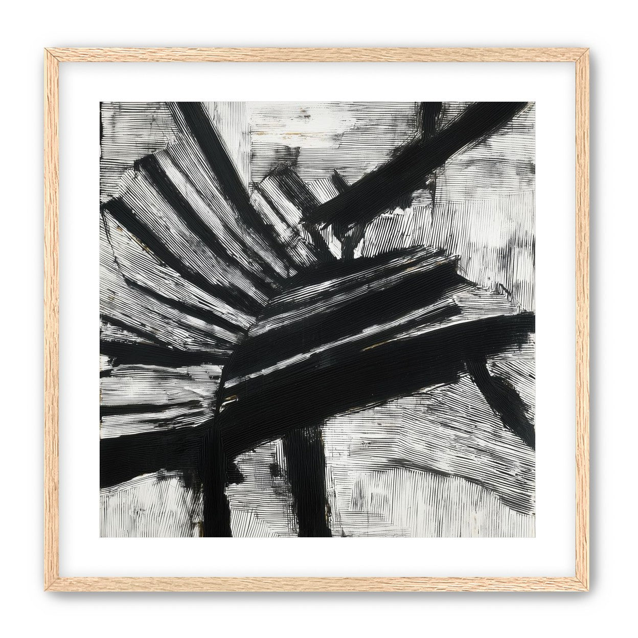 Non-Representational: Thick black brushstrokes cross and stack over a white surface filled with fine scratched lines.