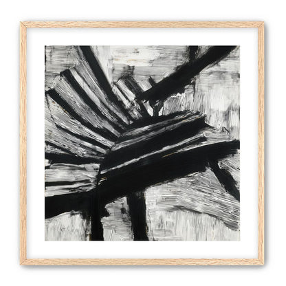 Non-Representational: Thick black brushstrokes cross and stack over a white surface filled with fine scratched lines.