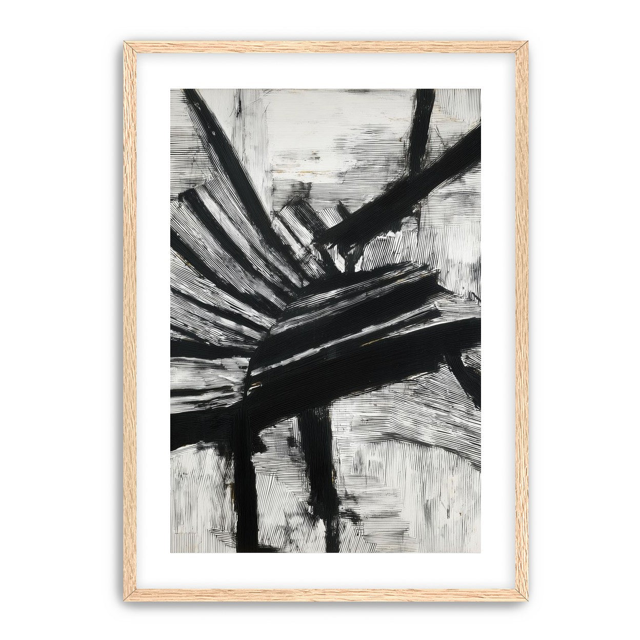 Non-Representational: Thick black brushstrokes cross and stack over a white surface filled with fine scratched lines.