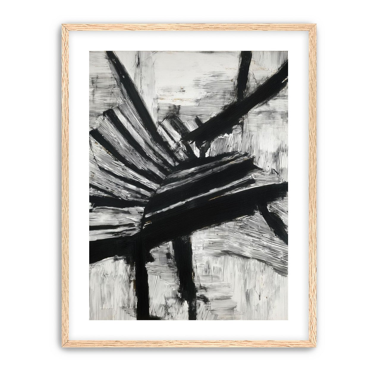 Non-Representational: Thick black brushstrokes cross and stack over a white surface filled with fine scratched lines.