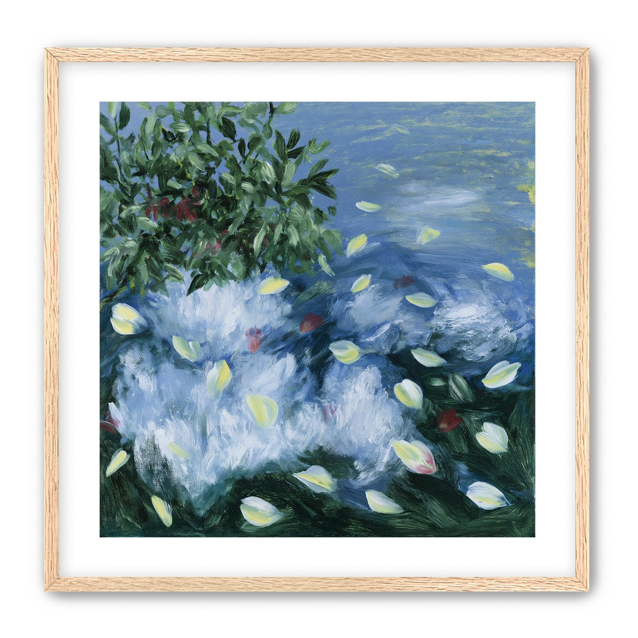 Petals across the blue water