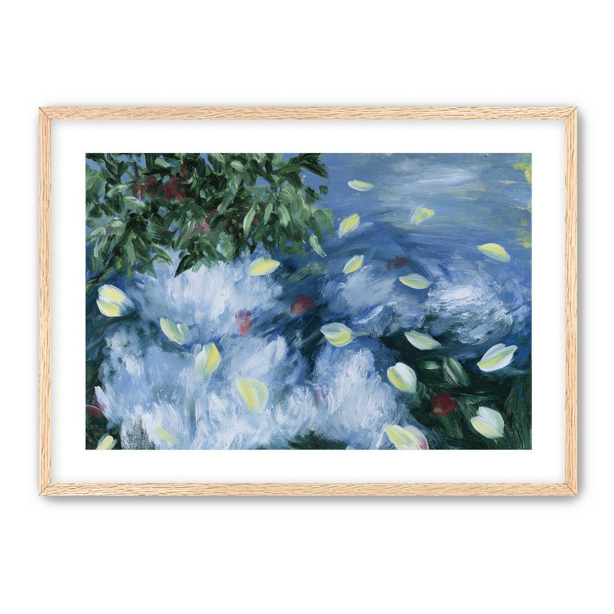 Petals across the blue water