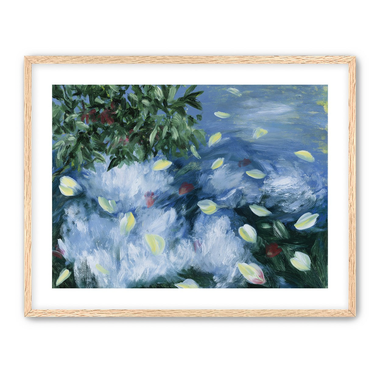 Petals across the blue water