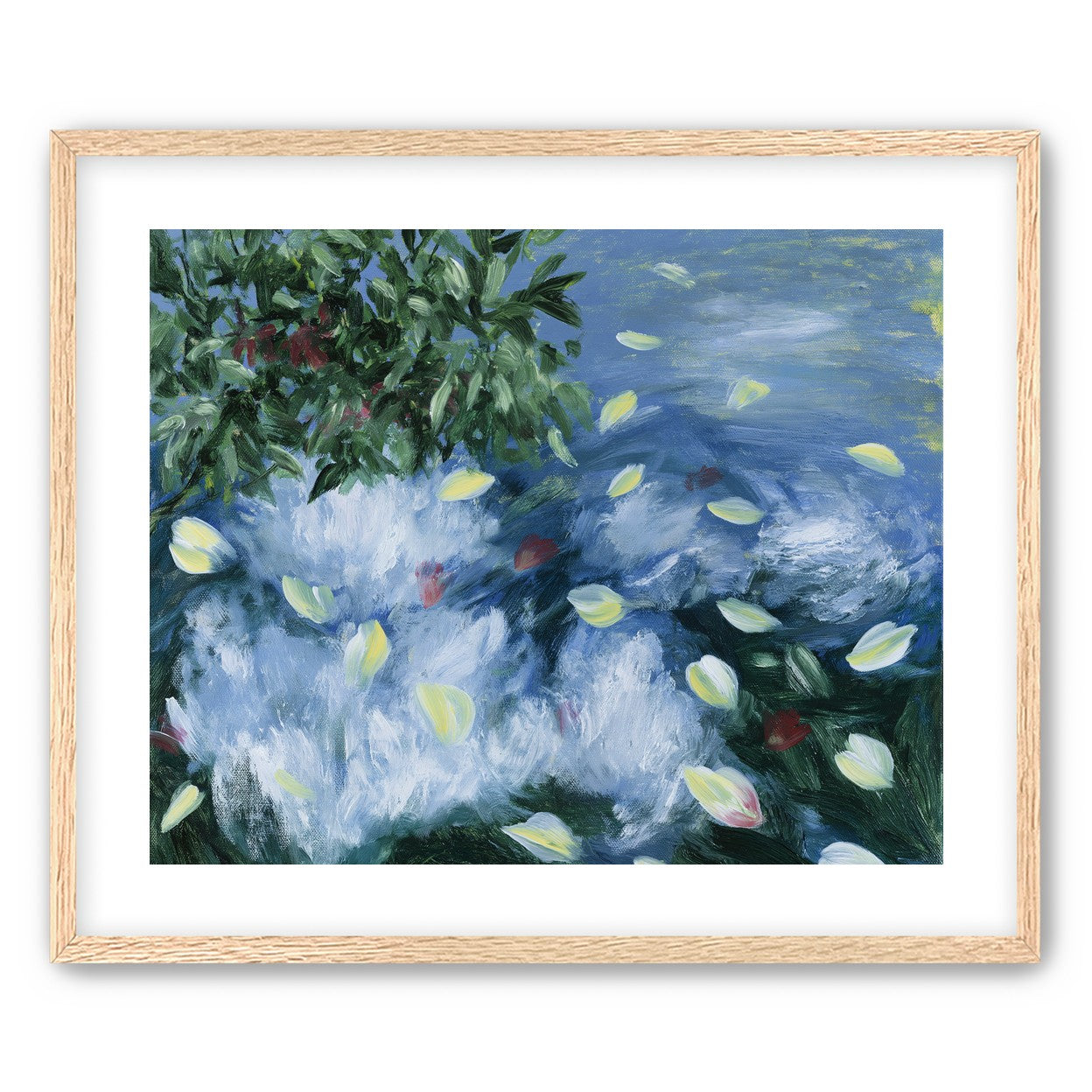 Petals across the blue water