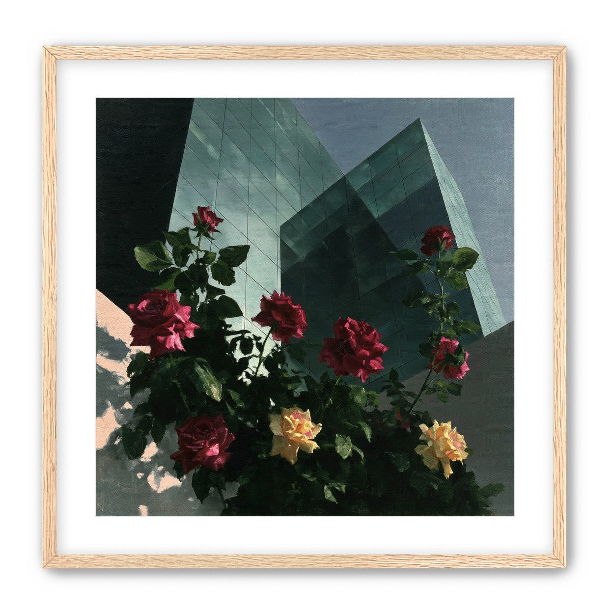 Roses against glass towers