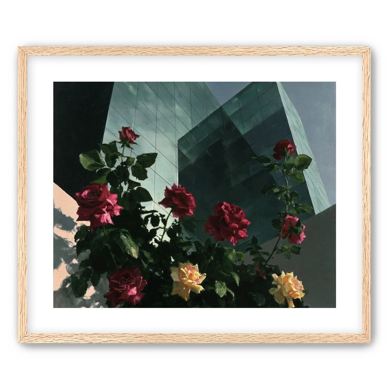 Roses against glass towers
