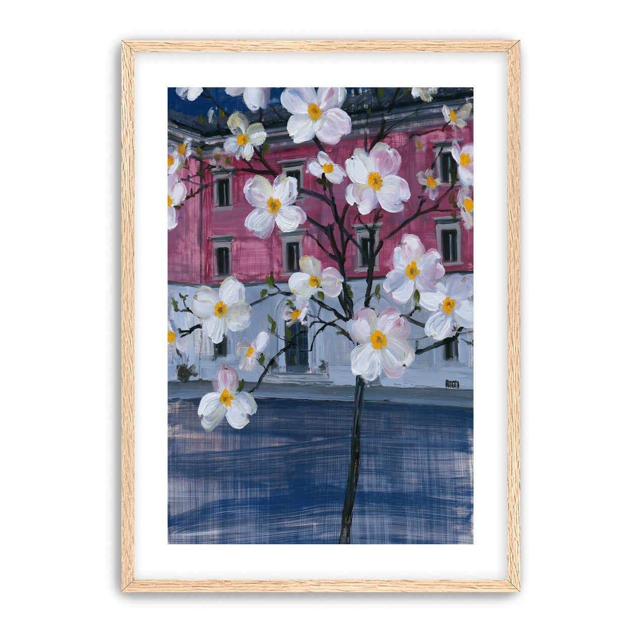 White blossoms over the pink house