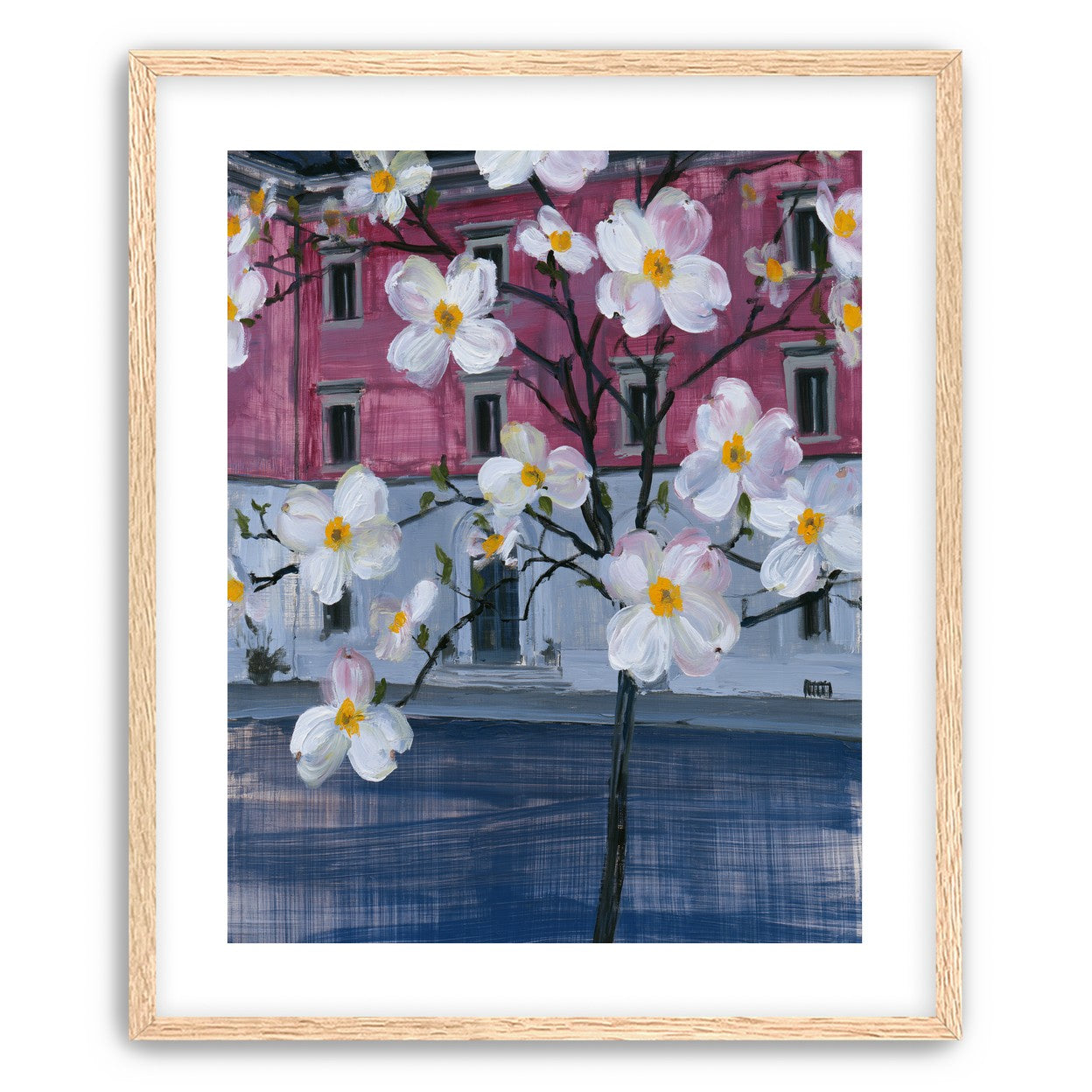 White blossoms over the pink house