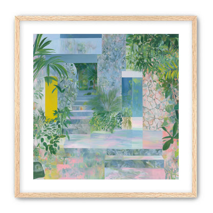 Pastel stairs between yellow and blue doors