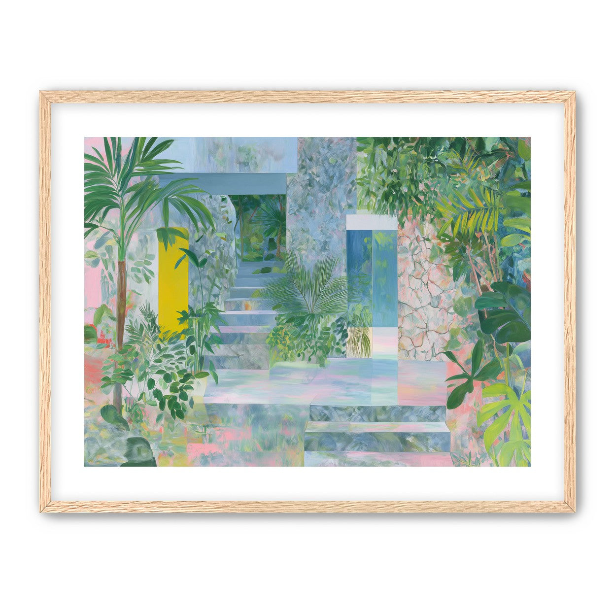 Pastel stairs between yellow and blue doors