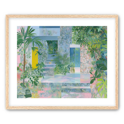 Pastel stairs between yellow and blue doors